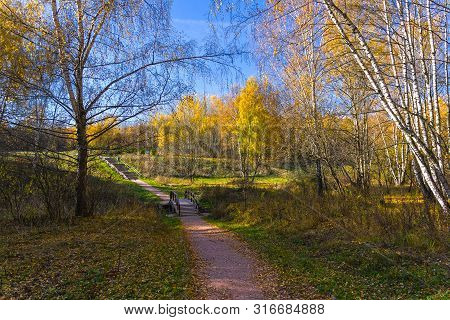 A Foot Path Crosses A Small Ravine. Landscape Reserve Teply Stan, Moscow, Russia. Sunny Day In Octob