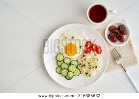 Gluten Free Breakfast - Omelet With Cherries And Cucumber, Dash Fodmap Diet, Healthy Balanced Food