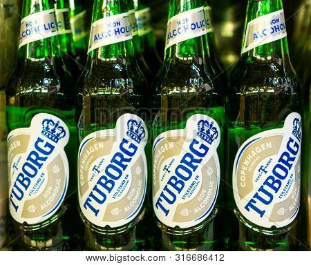 Volzhsky, Russia - June 26, 2019: Products Of Hypermarket Sale Soft Drinks Beer Tuborg Green Danish 