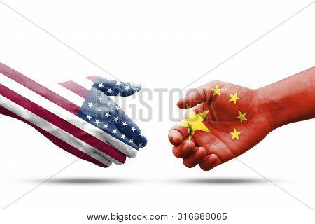 Usa And China Flag Print Screen On Handshake With White Background.it Is Symbol Of Economic Tariffs 