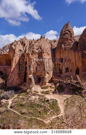 Cappadocia, Turkey - April 18, 2019:  Zelve Open Air Museum In The Nevsehir At Spring April Time. Ne
