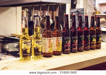 Saint-petersburg, Russia - August 03, 2019: Beer Corona Extra Sale Of Alcoholic Beverages In Cafes, 