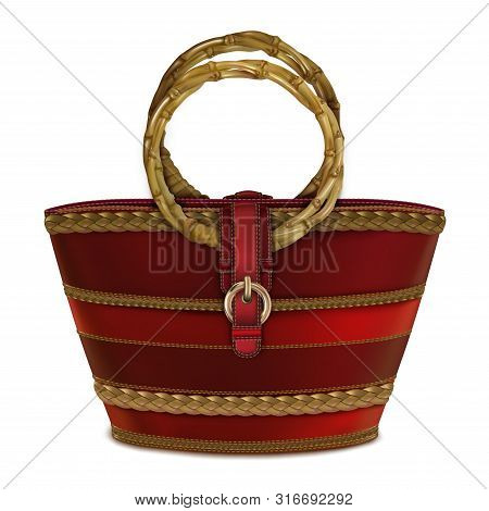 Women's Red Handbag With A Round Bamboo Handle Decorated With A Buckle And Braided Cord