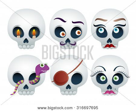 Funny Skulls Set Halloween Vector Illustration. Good For Halloween Or Dia De Los Muertos Design.