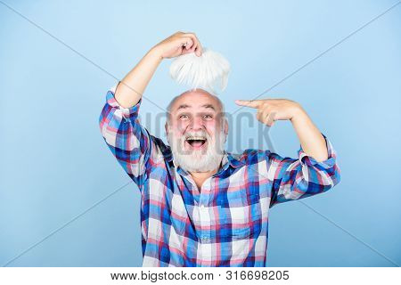 Salon Without The Pretense. Senior Man With Gray Beard. Mature Bearded Man In White Wig. Hairloss Co