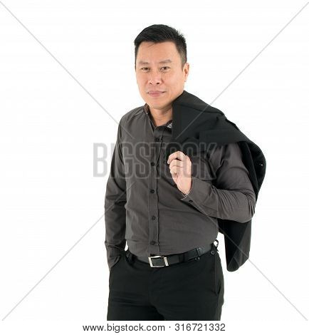 Happy Businessman In Dark Brwon Shirt And Hold Shirt And Smile In Recreation Manner In Isolated On W