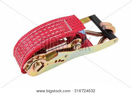 Orange Lashing Strap With Ratchet For Securing Cargo Isolated On White Background