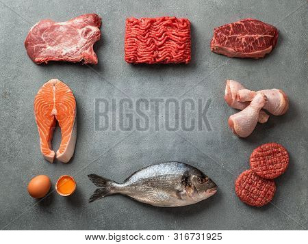 Carnivore Or Keto Diet Concept. Raw Ingredients For Zero Carb Or Low Carb Diet - Meat, Poultry, Fish