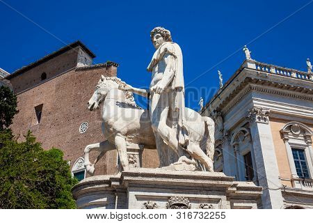 Rome, Italy - April, 2018: Statues Of The Dioscuri At The Campidoglio On Capitoline Hill
