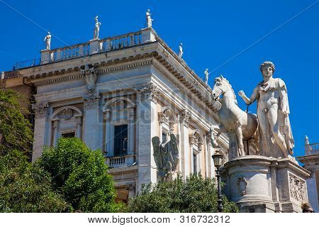 Rome, Italy - April, 2018: Statues Of The Dioscuri At The Campidoglio On Capitoline Hill