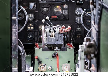 York, Uk - 6th August 2019: Ww2 Douglas Dakota Iv C-47b Cockpit Shot From The Inside On A Bright Sun
