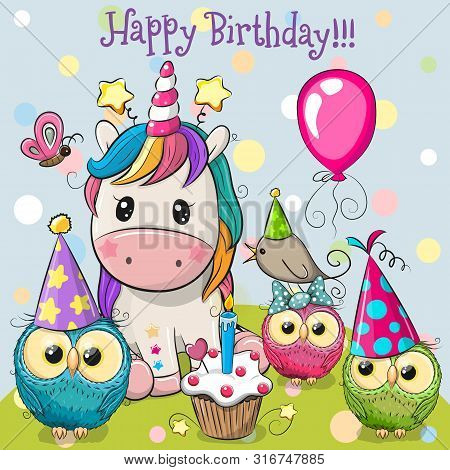 Birthday Card With Cute Unicorn And Owls With Balloon And Bonnets