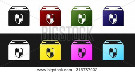 Set Delivery Pack Security Symbol With Shield Icon Isolated On Black And White Background. Delivery 