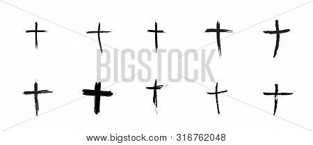 Set Of Hand-drawn Black Cross Icons With Window For Text, Collection Of Simple Christian Cross Signs