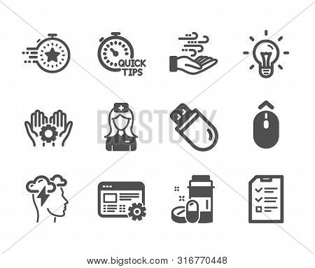 Set Of Science Icons, Such As Web Settings, Employee Hand, Swipe Up, Medical Drugs, Hospital Nurse, 