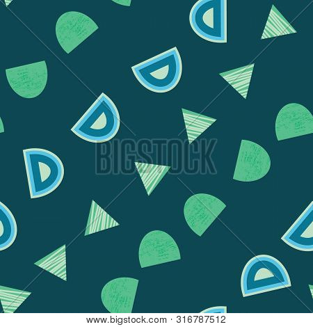 Blue And Green Organic Circular Shapes And Triangles On Blue Background Seamless Pattern.