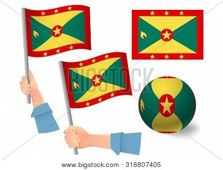 Grenada Flag In Hand Set. Ball Flag. National Flag Of Grenada Illustration