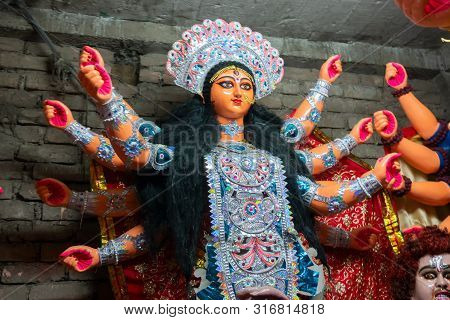Kolkata, West Bengal, India - 7th October 2018 : Clay Idol Face Of Goddess Durga, With White Dress F