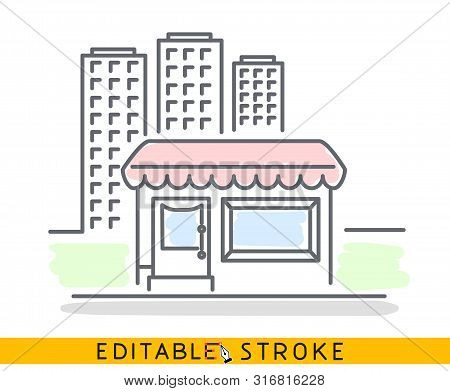 Building Of Small Shop Or Company And Big Residential Or Business Skyscrapers. Sketch Line Flat Desi