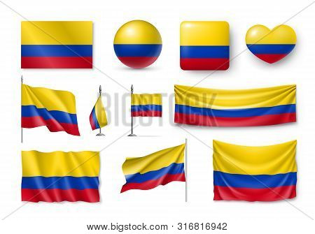 Various Flags Of Colombia Independent Country Set. Realistic Waving National Flag On Pole, Table Fla