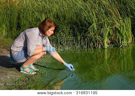 Adult Woman Ecologist Taking Samples Of Green Algae In Test Tube On Riverbank