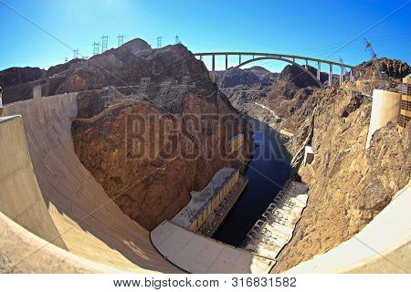 Panoramic View Of Hoover Dam And Bypass Bridge. Hoover Dam, Is A Popular Tourist Destination.