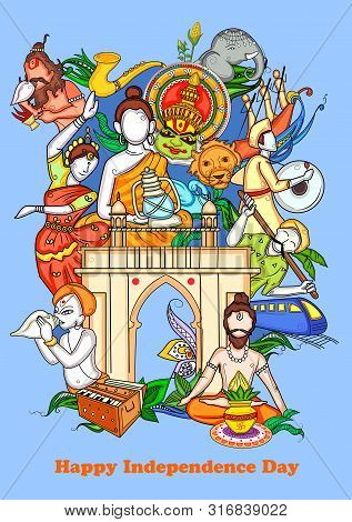 Vector Design Of Indian Collage Illustration Showing Culture, Tradition And Festival On Happy Indepe