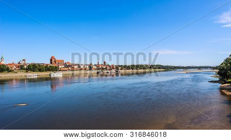 Panoramic View Of Torun City And Wisla (vistula) River With Bridges. Poland, Summer 2019