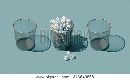 Full Trash Can Next To Empty Bins, It Is Filled With Crumpled Paper Balls, Recycling And Disposal Co