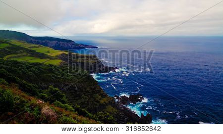 Panoramic View To Terceira Island Coastline From Mata Da Serreta Viewpoint At Azores, Portugal