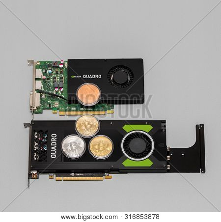 Paris, France - Aug 23, 2017: View From Above Of Two Nvidia Quadro Professional Gpu Video Cards With