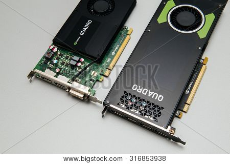 Paris, France - Aug 23, 2017: Close-up View From Above Of Two Nvidia Quadro Professional Gpu Video C