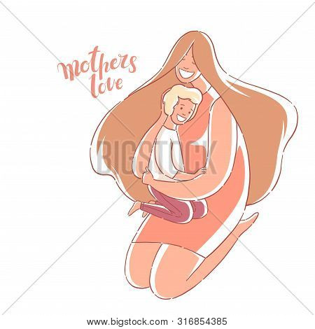 Mom Hugs Son. Mothers Love. Hand Drawn Style Vector Design Illustrations.