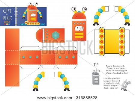 Cut And Glue Robot Toy Vector Illustration, Worksheet. Paper Craft And Small Pieces Riddle With Funn