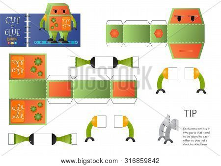 Cut And Glue Robot Toy Vector Illustration. Paper Craft And Educational Worksheet With Funny Robotic