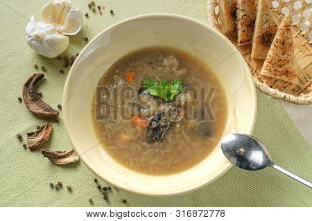 Fresh Aromatic Soup With Mushrooms For Vegetarian Breakfast