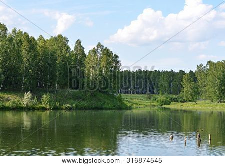 Landscape: Forest And River, Sunset Stormy Sky