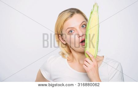 Healthy Teeth. Hunger. Agriculture And Cultivation. Corn Crop. Vitamin And Dieting Food. Happy Woman