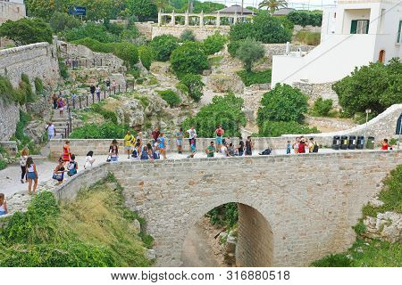 Polignano A Mare, Italy - July 28, 2019: Beautiful Aerial Panoramic View Of Polignano A Mare, Italy