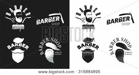 Sign Of Barber Shop. Image Scissors, Shaving Knife, Silhouette Of Man With Beard. Set. Creative Sign