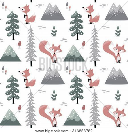 Seamless Cute Scandinavian Pattern Fox Tree Mountains