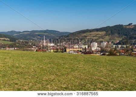 Turzovka Town With Hills Covered By Meadows And Forest Devastated By Timber Harvesting Around And Cl