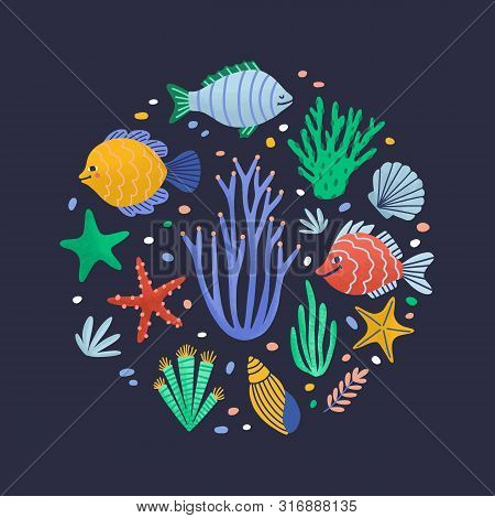 Round Composition With Happy Marine Animals Or Funny Underwater Creatures Living In Sea. Circular De