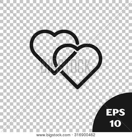 Black Two Linked Hearts Icon Isolated On Transparent Background. Romantic Symbol Linked, Join, Passi