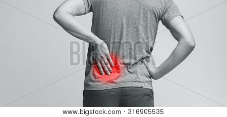 Kidneys Pain, Urolithiasis Disease. Male Body With Inflamed Loin, Panorama