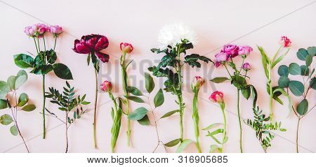 Flat-lay Of Purple Peonies, Pink Roses, Tulips, Chrisanthemums, Copy Space