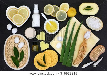 Skincare and body care products including aloe vera and lemon, moisturiser, almond oil, ex foliating salt scrub, aromatherapy essential oil and natural soaps. Health care concept, top view.
