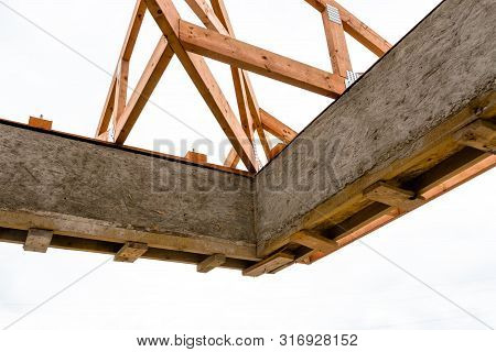 Roof Trusses Not Covered With Ceramic Tile On A Detached House Under Construction, Visible Roof Elem