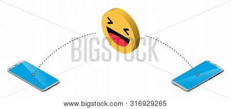 Yellow Smiling Smiley Is Transferred From Smartphone To Smartphone. Isometry. Sending Positive Messa