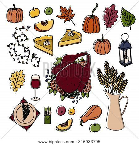 Thanksgiving Hand Drawn Doodle Style Holiday Traditionalsymbols. Turkey, Pumpkin Pie, Apple Pie, App